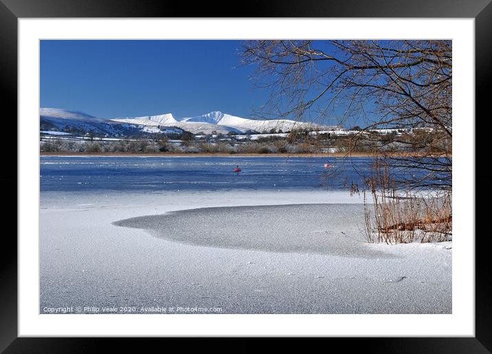Llangorse Lake and Brecon Beacons in Winter. Framed Mounted Print by Philip Veale