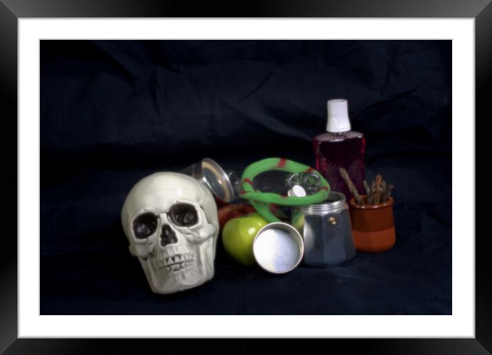 Still life with a skull and a green snake Framed Mounted Print by Jose Manuel Espigares Garc