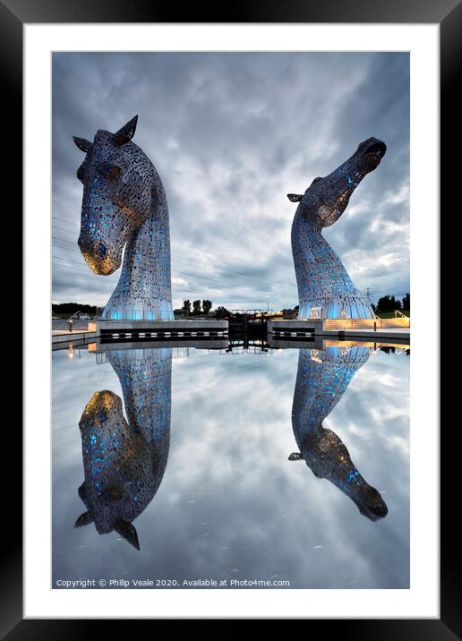 Kelpies Blue Reflection at Dusk. Framed Mounted Print by Philip Veale