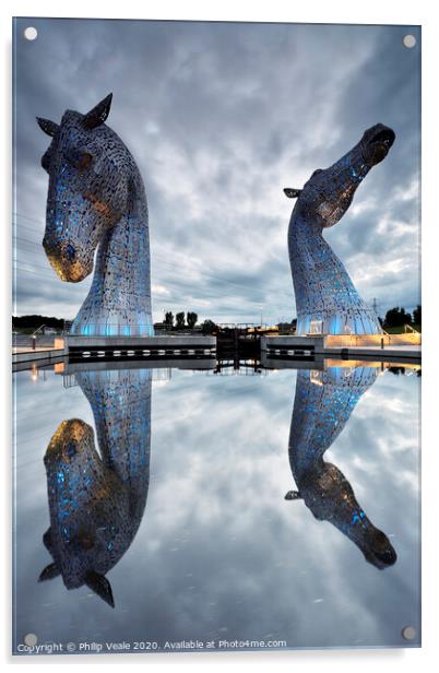Kelpies Blue Reflection at Dusk. Acrylic by Philip Veale