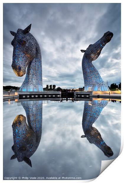 Kelpies Blue Reflection at Dusk. Print by Philip Veale