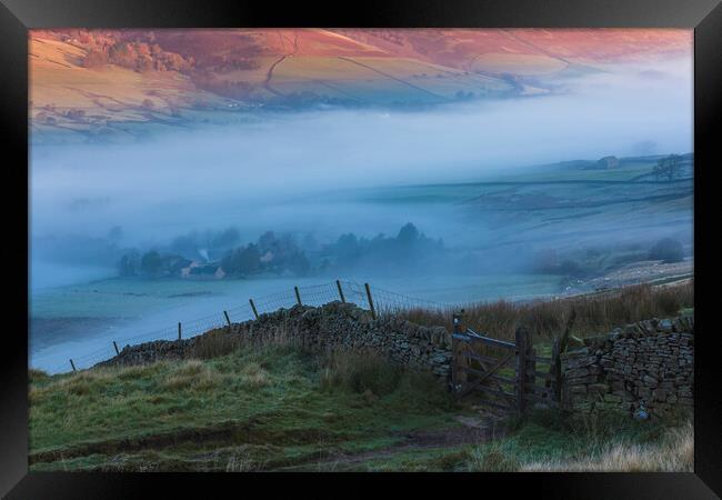 Edale Valley autumn mist Framed Print by John Finney