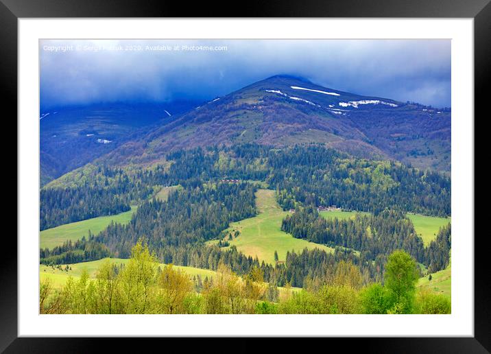 The landscape of the majestic mountain in the Carpathians along the slope of which the cable lift is laid. Framed Mounted Print by Sergii Petruk