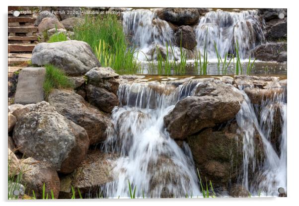 Waterfall between stone boulders, landscape design element. Acrylic by Sergii Petruk