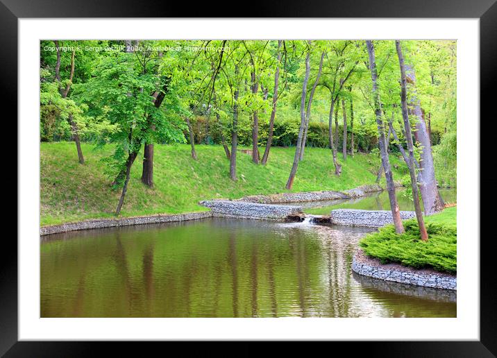 A forest lake surrounded by trees in a beautiful park, framed by cobblestone shores in the rays of soft light. Framed Mounted Print by Sergii Petruk