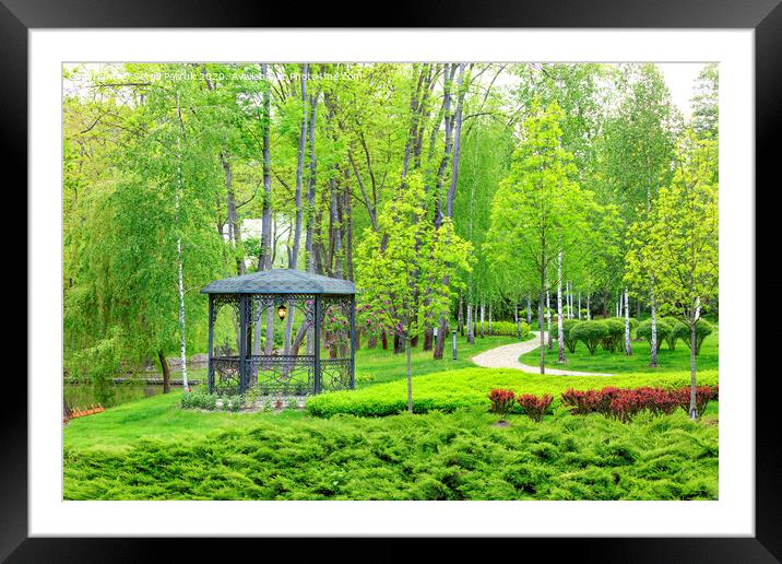 Openwork metal arbor with forged elements surrounded by beautiful spring park with landscape design. Framed Mounted Print by Sergii Petruk