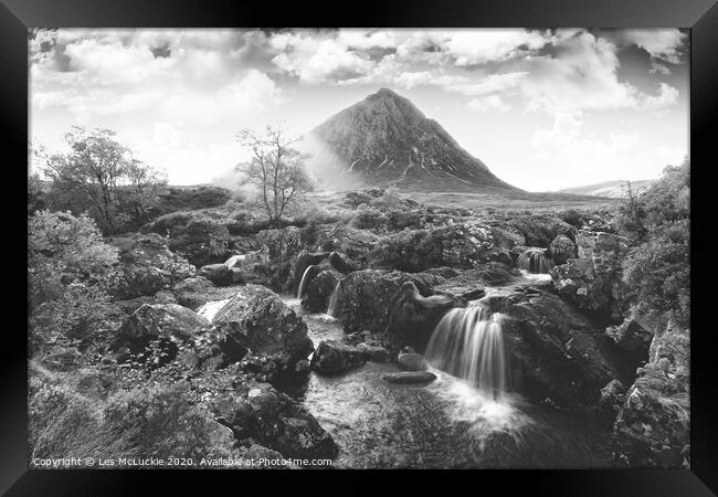 Majestic Waterfall on Buachaille Etive Mor Framed Print by Les McLuckie