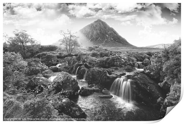 Majestic Waterfall on Buachaille Etive Mor Print by Les McLuckie