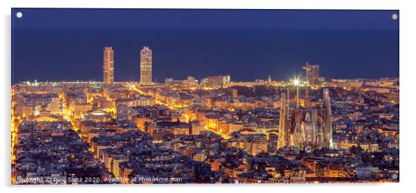 Barcelona skyline panorama at night Acrylic by Pere Sanz