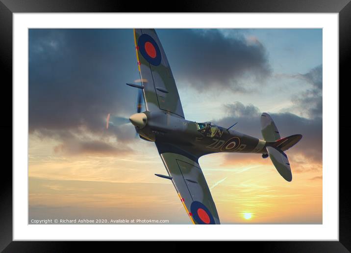 WW2 Supermarine Spitfire at sunset Framed Mounted Print by Richard Ashbee