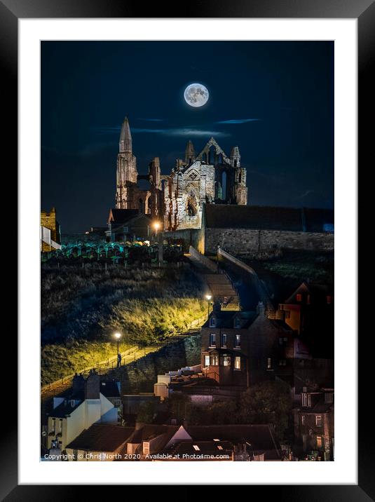 Hunters moon over Saint Hilda's Abbey Whitby, Framed Mounted Print by Chris North