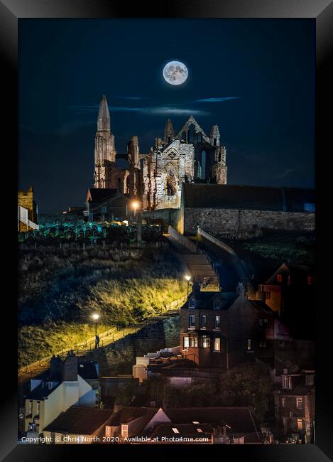 Hunters moon over Saint Hilda's Abbey Whitby, Framed Print by Chris North