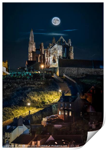 Hunters moon over Saint Hilda's Abbey Whitby, Print by Chris North