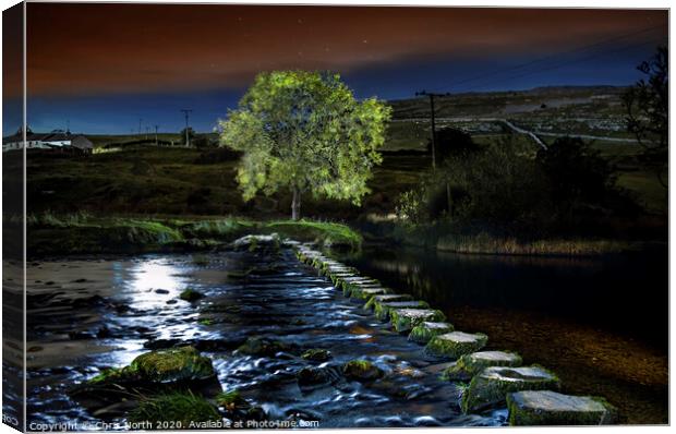 Stepping stones by Beezley Farm over the river Doe. Canvas Print by Chris North