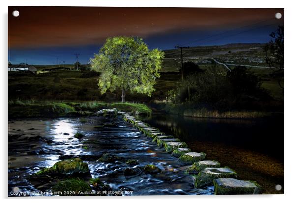 Stepping stones by Beezley Farm over the river Doe. Acrylic by Chris North