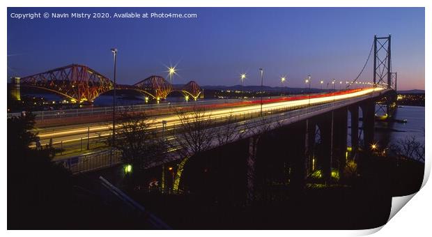 The Forth Road Bridge at dusk Print by Navin Mistry
