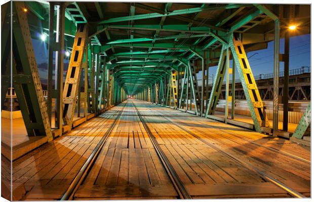 Steel Truss Bridge Tramway At Night Canvas Print by Artur Bogacki