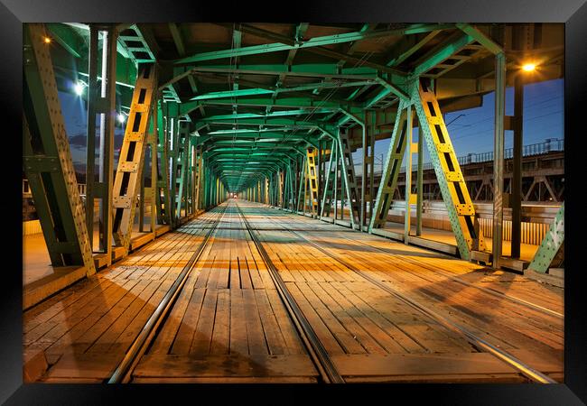 Steel Truss Bridge Tramway At Night Framed Print by Artur Bogacki