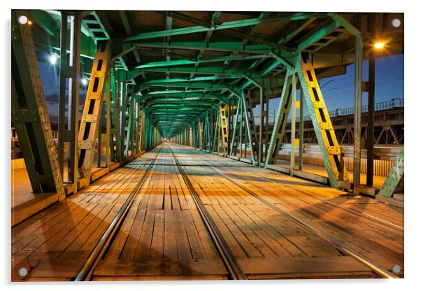 Steel Truss Bridge Tramway At Night Acrylic by Artur Bogacki