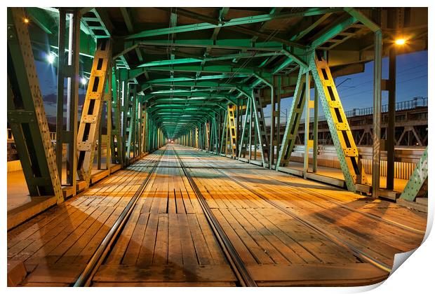 Steel Truss Bridge Tramway At Night Print by Artur Bogacki