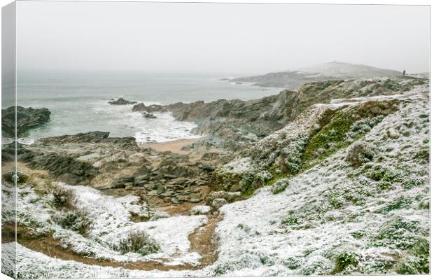 Little Fistral and Towan under snow Canvas Print by Diane Griffiths