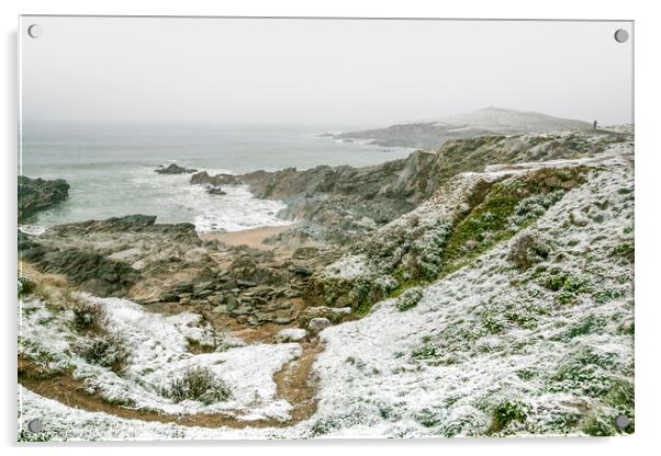 Little Fistral and Towan under snow Acrylic by Diane Griffiths