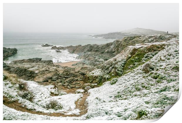 Little Fistral and Towan under snow Print by Diane Griffiths