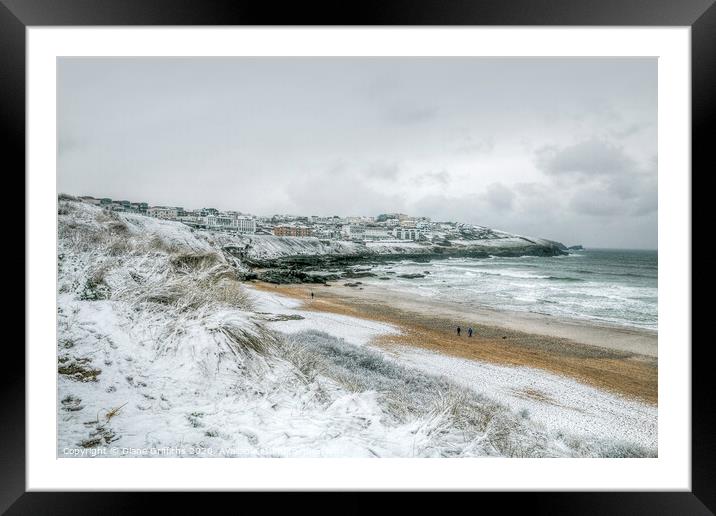 Fistral Beach towards Pentire under snow Framed Mounted Print by Diane Griffiths