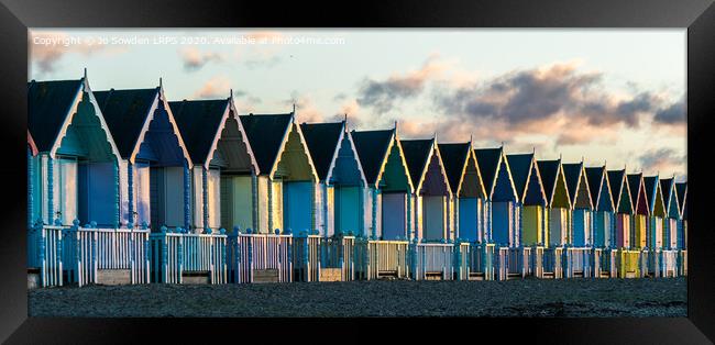 West Mersea Beach huts Framed Print by Jo Sowden