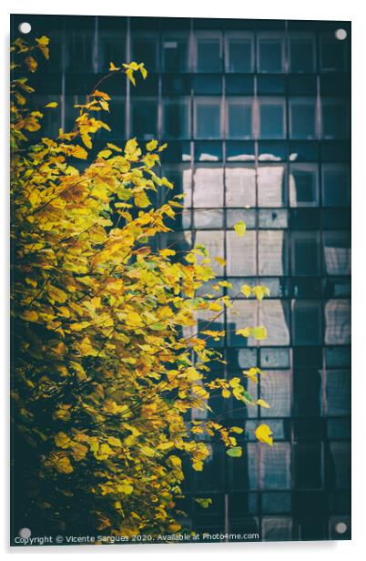 Yellow leaves and a building Acrylic by Vicente Sargues