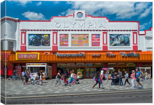 'The Olympia' victorian theatre now an seaside amusement arcade. Southend on Sea, Essex. Canvas Print by Peter Bolton