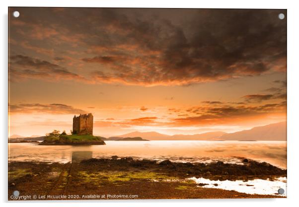 Majestic Sunset over Castle Stalker Scotland Acrylic by Les McLuckie