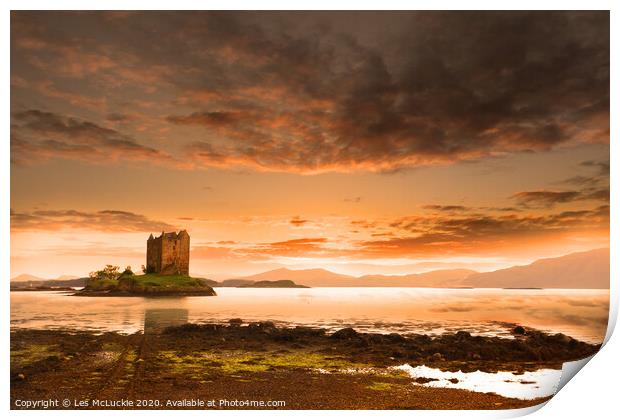 Majestic Sunset over Castle Stalker Scotland Print by Les McLuckie
