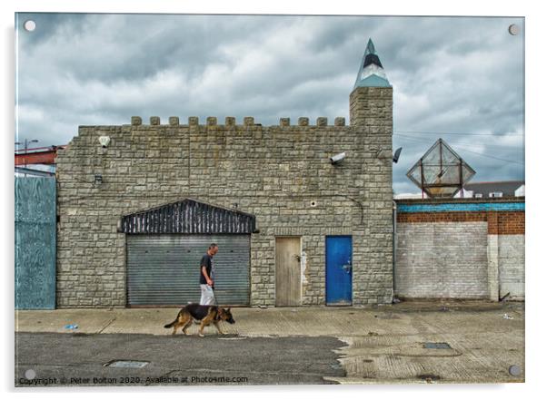Man and dog walk in front of abandoned seaside arcade at Southend on Sea, Essex. Acrylic by Peter Bolton