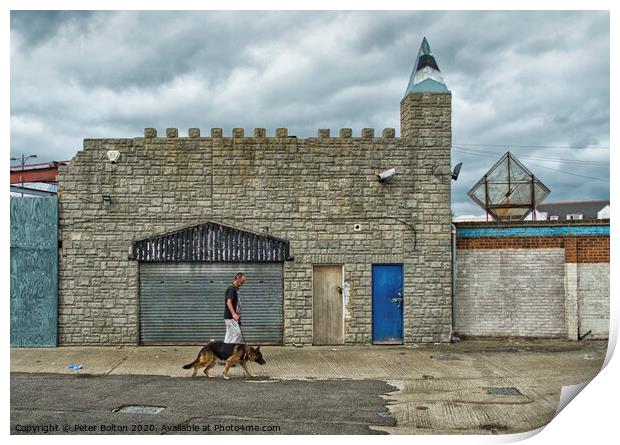 Man and dog walk in front of abandoned seaside arcade at Southend on Sea, Essex. Print by Peter Bolton