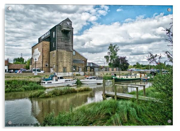 Old mill at Battlesbridge, now an antiques centre, River Crouch in foreground. Acrylic by Peter Bolton