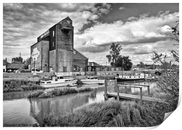 Old mill at Battlesbridge, now an antiques centre, River Crouch in foreground. Print by Peter Bolton