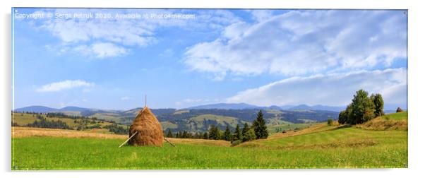 A haystack stands in a meadow against the backdrop of the Carpathian mountains and slopes. Acrylic by Sergii Petruk