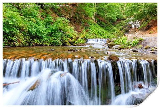 Picturesque and beautiful cascade waterfall of a mountain river in the Carpathians. Print by Sergii Petruk
