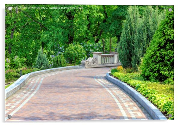 Walkway paved with tiles in a beautiful park, framed by different bushes and flowers, in soft rays of morning light. Acrylic by Sergii Petruk