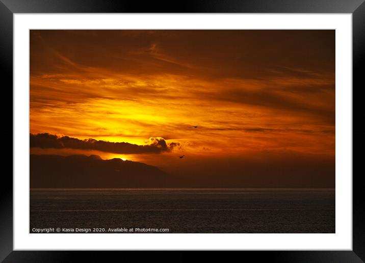 Seagulls Soaring through the Sunset Skies Framed Mounted Print by Kasia Design
