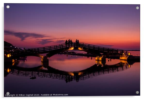Lefkada Marina Bridge at sunset Acrylic by Milton Cogheil