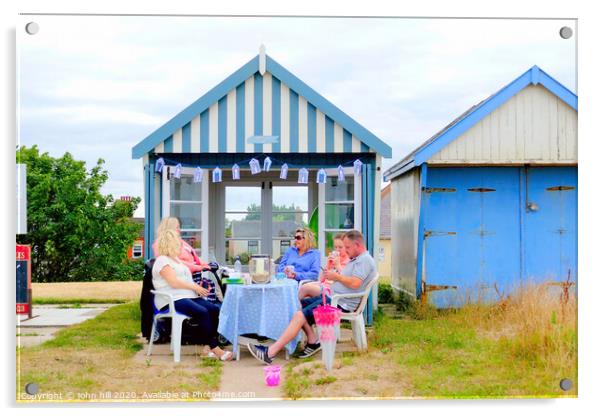 Beach hut tea party on the promenade at Sutton on Sea in Lincolnshire. Acrylic by john hill