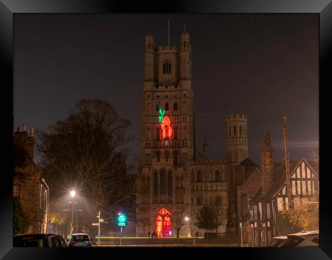 Giant Poppy projected onto Ely Cathedral for Remembrance Sunday, 8th November 2020 Framed Print by Andrew Sharpe