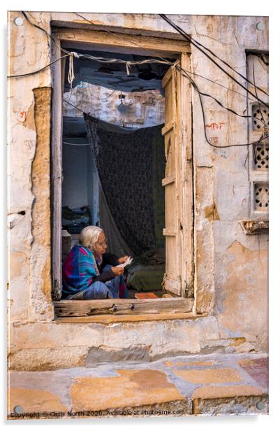 Lady reading letter in doorway, Jaisalmer Fort. Acrylic by Chris North