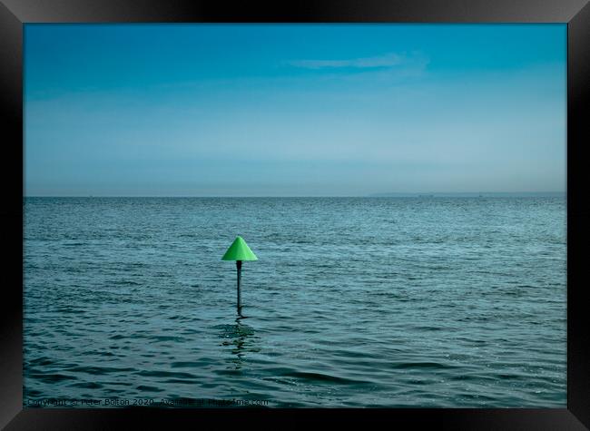 Minimal seascape of The Thames Estuary with a marker cone as the point of interest. Framed Print by Peter Bolton
