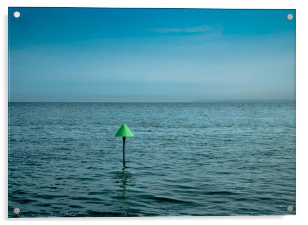 Minimal seascape of The Thames Estuary with a marker cone as the point of interest. Acrylic by Peter Bolton