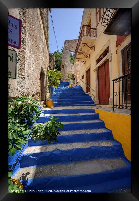 Back streets of Symi. Framed Print by Chris North