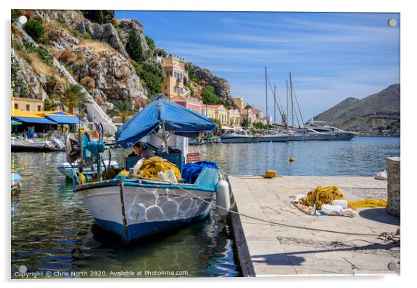 Fisherman repairing nets at Symi harbour. Acrylic by Chris North