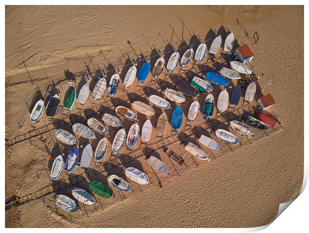 Aerial drone picture from harbor of small fisher b Print by Arpad Radoczy